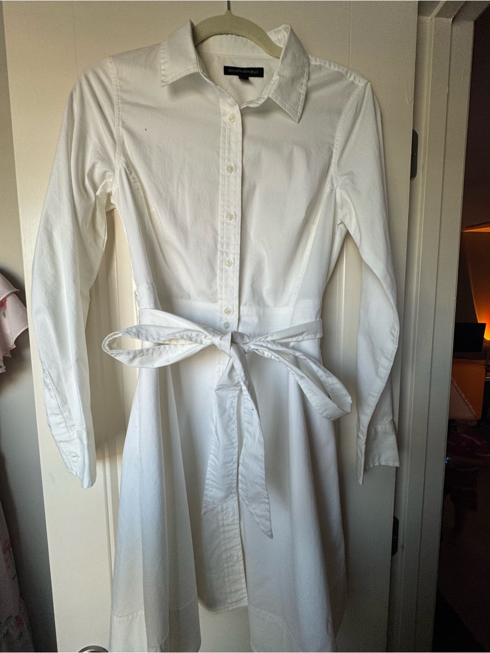 Banana Republic White Button-Front Shirt Dress with Waist Tie
